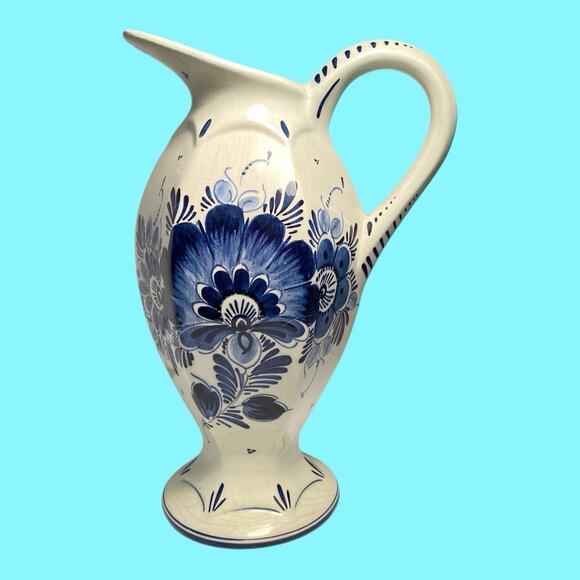 Vtg Delft Blue 9” Pitcher Made in Holland Blue White Floral Hand Painted H.6.16A - Picture 1 of 14